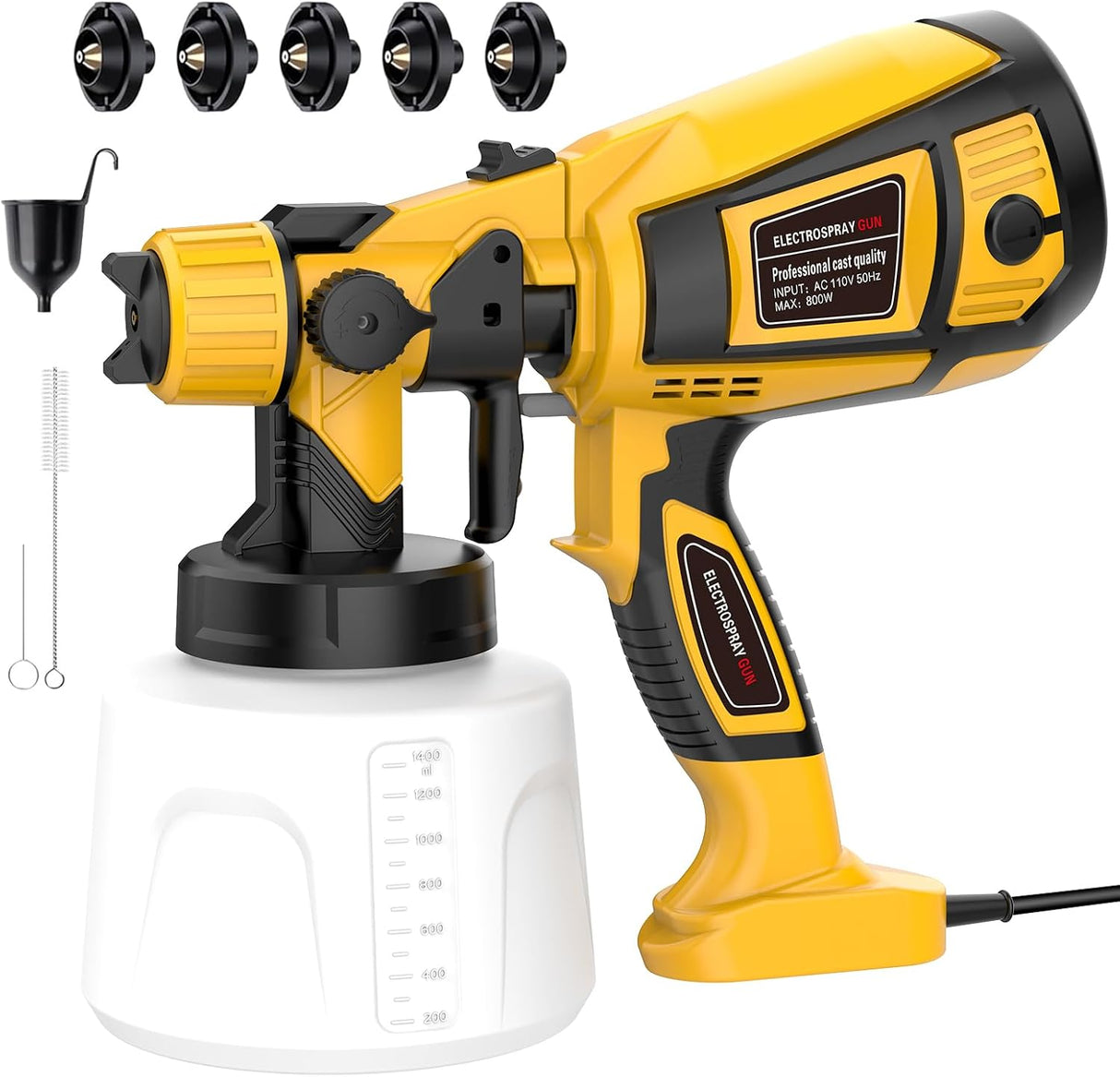 Paint Sprayer 800W, 32000RPM HVLP Spray Gun with 1400ml High Capacity Container, 5 Nozzles and 3 Patterns, Electric Spray Paint Gun for Furniture, Cabinets, Decks, Fence, Walls, Doors, DIY Projects