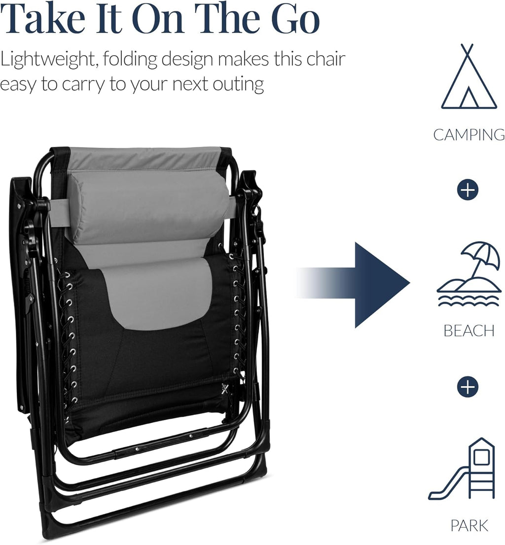 Best Choice Products - Oversized Padded Zero Gravity Chair, Folding Recliner w/ Headrest, Side Tray - Gray/Black