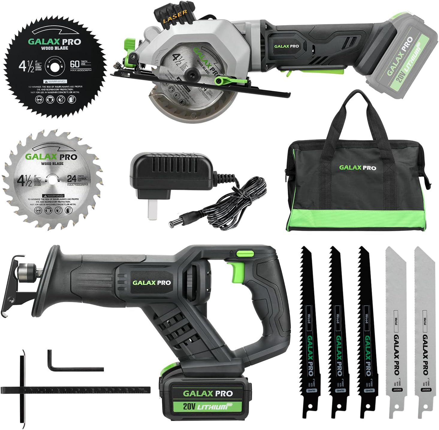 GALAX PRO Cordless Circular and Reciprocating Saw Combo Kit | with 1pcs 4.0Ah Lithium Battery and One Charger, 7 Saw Blades and Tool Bag