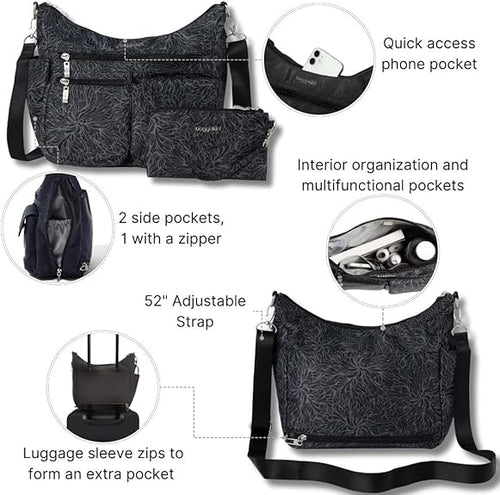 Baggallini Modern Everywhere Crossbody Bag for Women Rfid Hobo Bag - Midnight Blossom Print