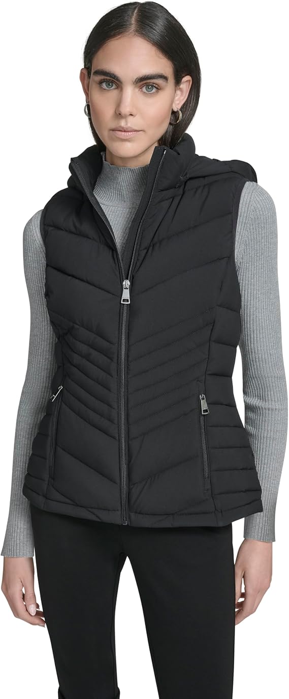 Calvin Klein womens Lightweight Hooded Puffer Vest – Quilted Stretch Winter Outerwear With Zipper Pockets Size Medium