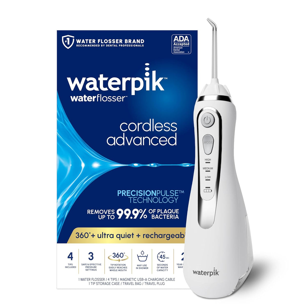 Waterpik Cordless Advanced 2.0 Water Flosser For Teeth, Gums, Braces, Dental Care With Travel Bag and 4 Tips, ADA Accepted, Rechargeable, Portable, and Waterproof, White WP-580, (NEW, OPEN BOX)