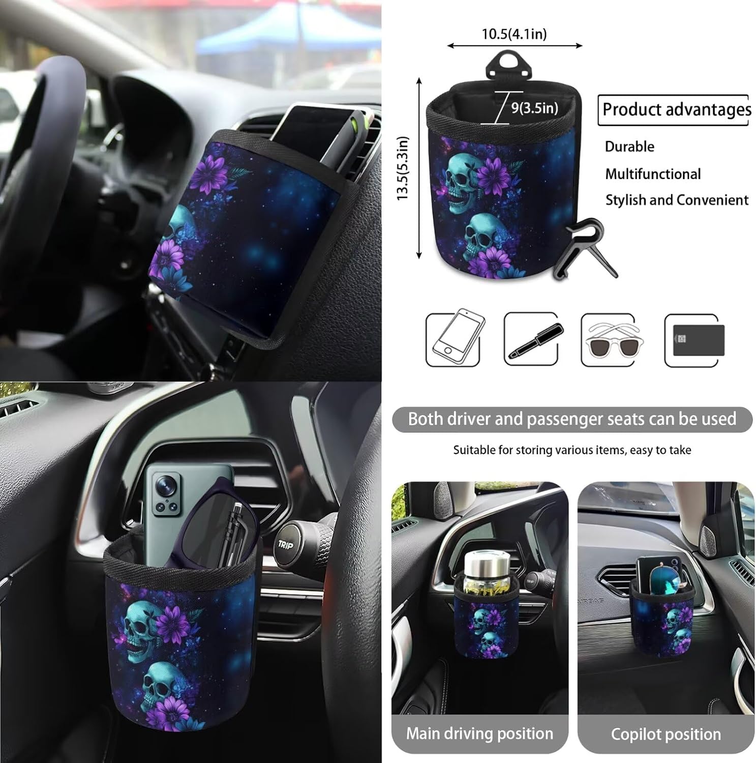 Baxinh Skull Floral Print 15pc Car Accessories-Blue/Skull Floral