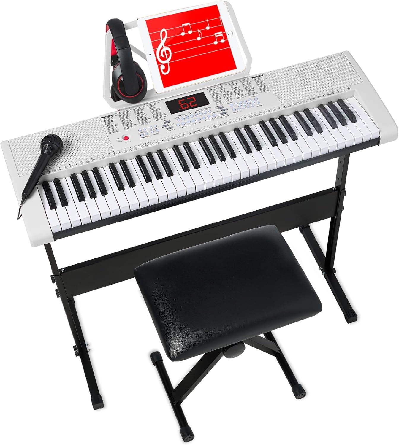 Best Choice Products 61-Key Electronic Keyboard Piano Portable Electric Keyboard Complete Beginner Set w/LED Screen, Stand, Bench, Headphones - White