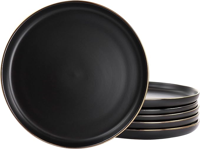 Elama Paul 6 Piece Stoneware Dinner Plate Set in Matt Black with Gold Rim