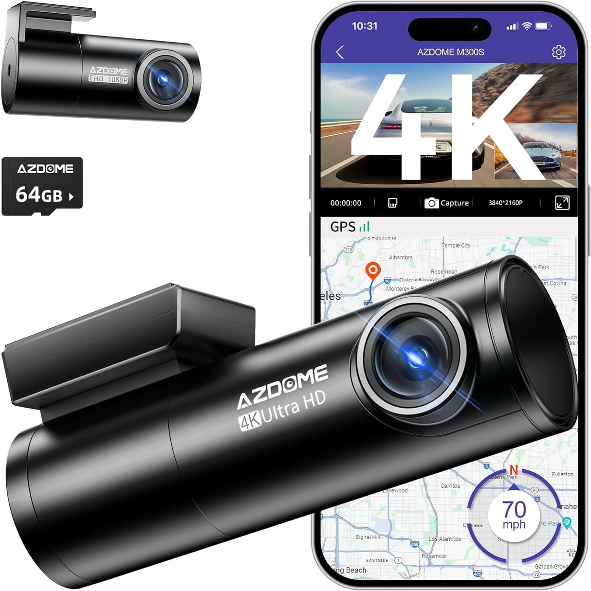 AZDOME M300S Dash Cam Front and Rear 4K, 5.8G WiFi GPS Dash Cam for Cars, 64GB SD Card, 170° Wide Angle, Voice Control, G-sensor, WDR Night Vision, 24H Parking Monitor, Max Support to 256GB(New Open Box)