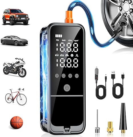 Tire Inflator Portable Air Compressor, 160 PSI Air Pump for Car Tires with Digital Pressure Gauge, Bike Tire Pump with LED Light Portable Tire Inflator for Car, Bike, Motorcycle, Ball
