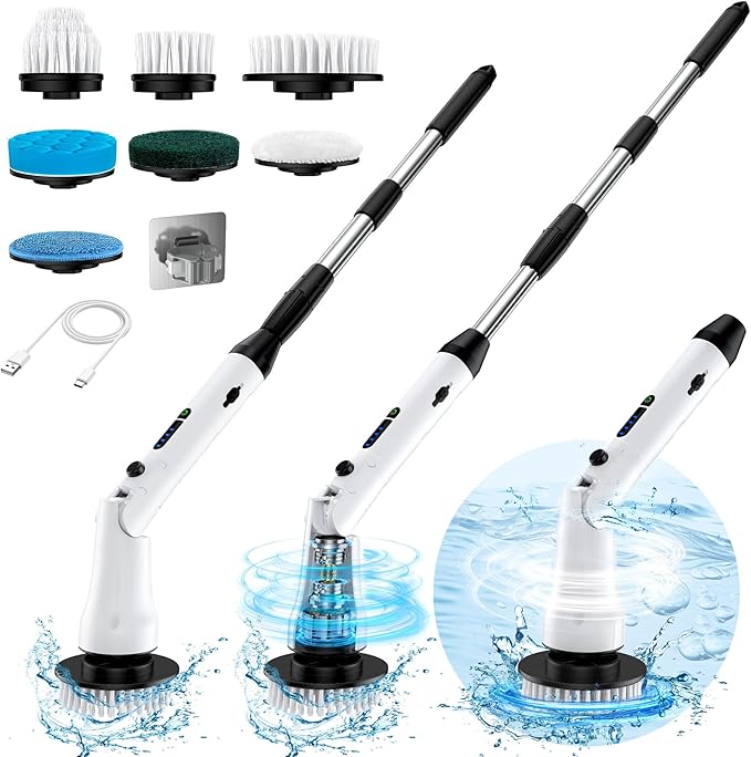 7 IN 1 ELECTRIC SPIN SCRUBBER  30W  WIRELESS CLEAN EASY TO DIASSEMBLE MULTIPLE BRUSH HEAD  LENGTH ADJUSTMENT (New, Open Box)