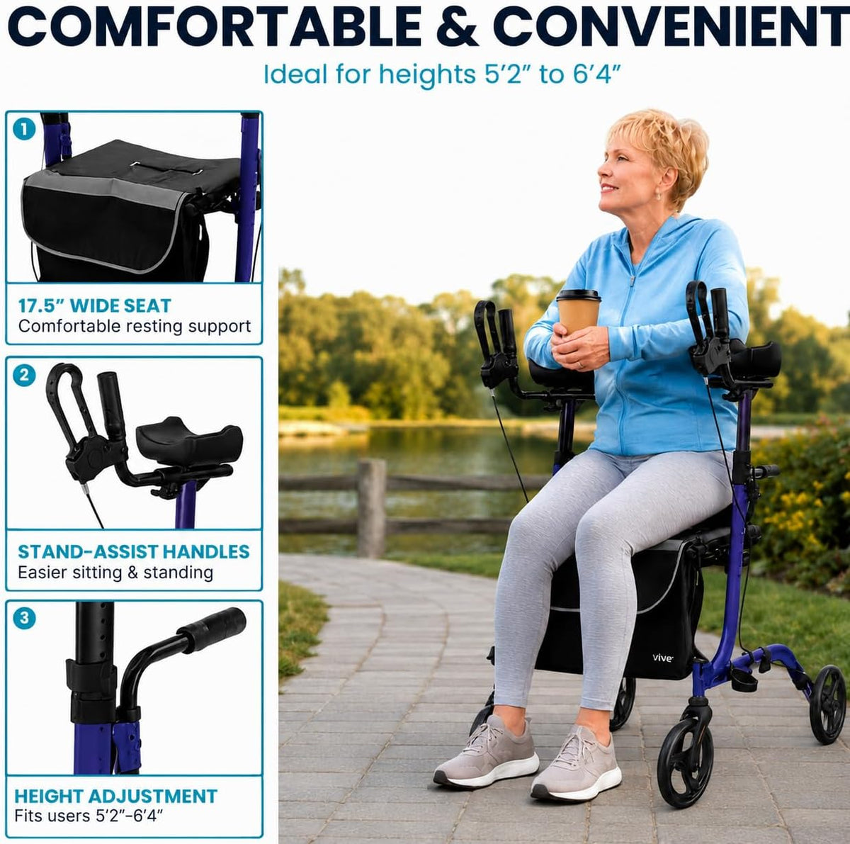 Vive Mobility Upright Walker with Seat - Stand Up Rollator - Blue
