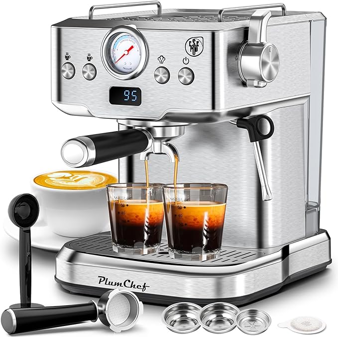 20 Bar Espresso Machine with Milk Frother, Dual Shot Stainless Steel Coffee Maker, ESE Pod, Pressure Display, 60 OZ Removable Water Tank for Home Barista (Stainless Steel)
