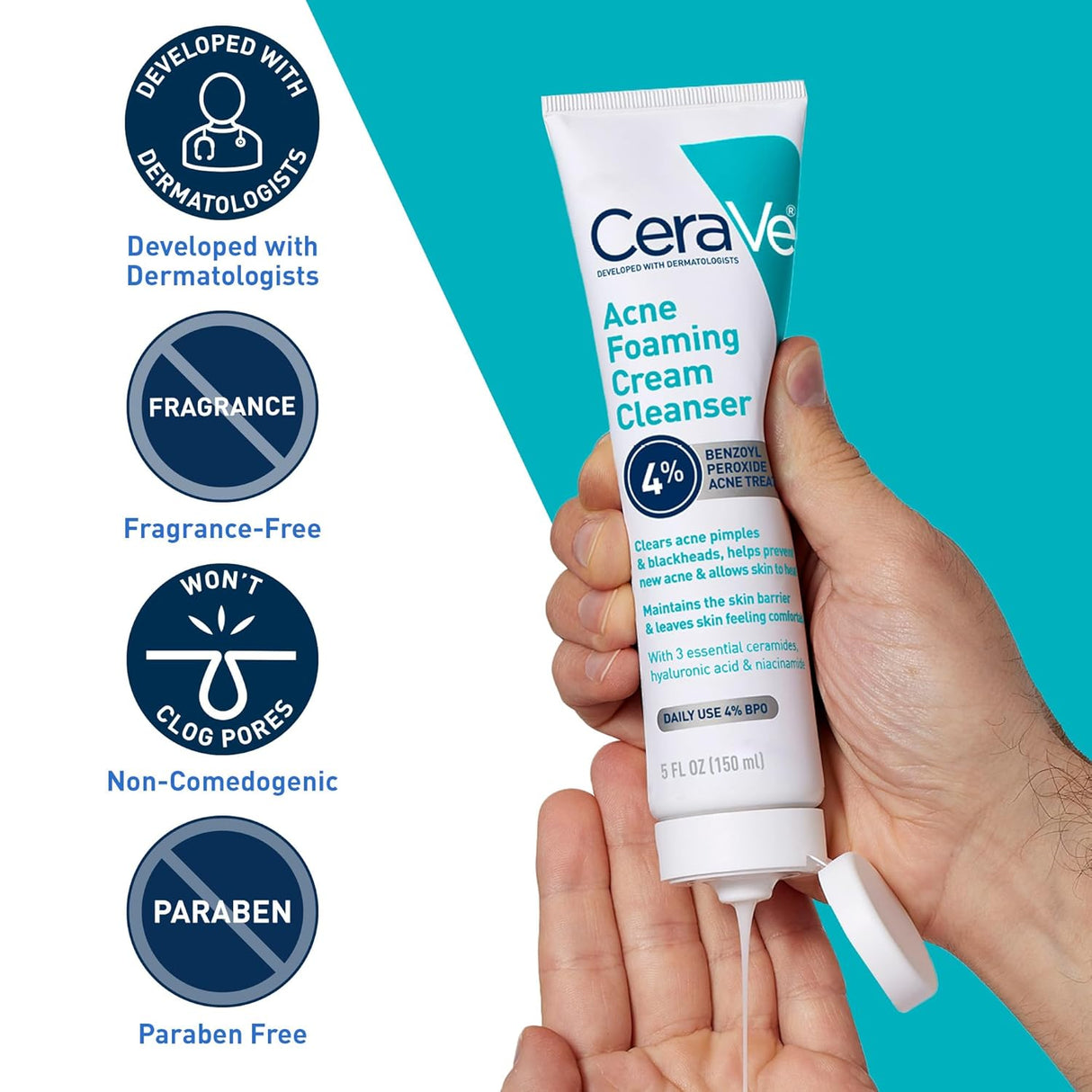 CeraVe Acne Foaming Cream Wash 4% Benzoyl Peroxide Treatment 5 Oz