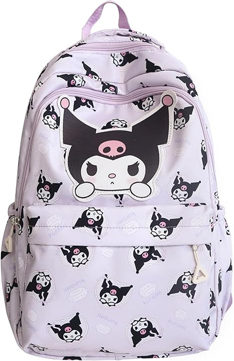 Anime Kuromi Checkered Pattern All Over Print Small Casual Backpack Laptop Backpack Travel Hiking Rucksack Purple