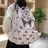 Anime Kuromi Checkered Pattern All Over Print Small Casual Backpack Laptop Backpack Travel Hiking Rucksack Purple