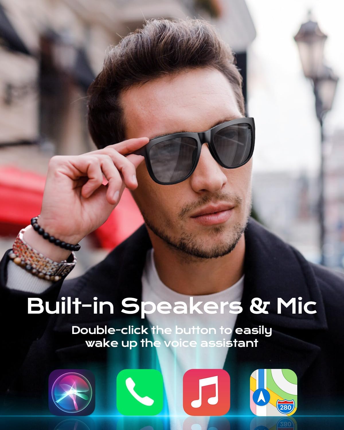 XO Smart Bluetooth Glasses, Built-in Mic & Speakers, Smart Wireless Headphone Sunglasses, Athletic/Outdoor UV Protection and Voice Control (Black)
