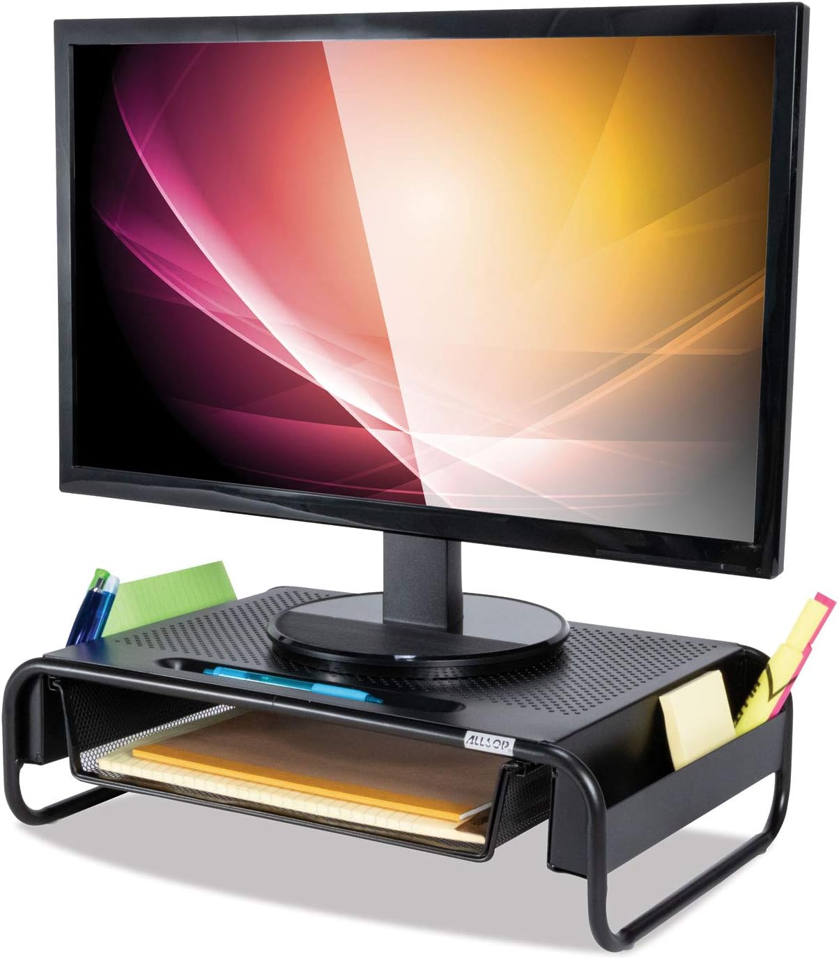Allsop Metal Art Organizer 5 Riser Monitor Stand with Drawer and Side Caddies - Black