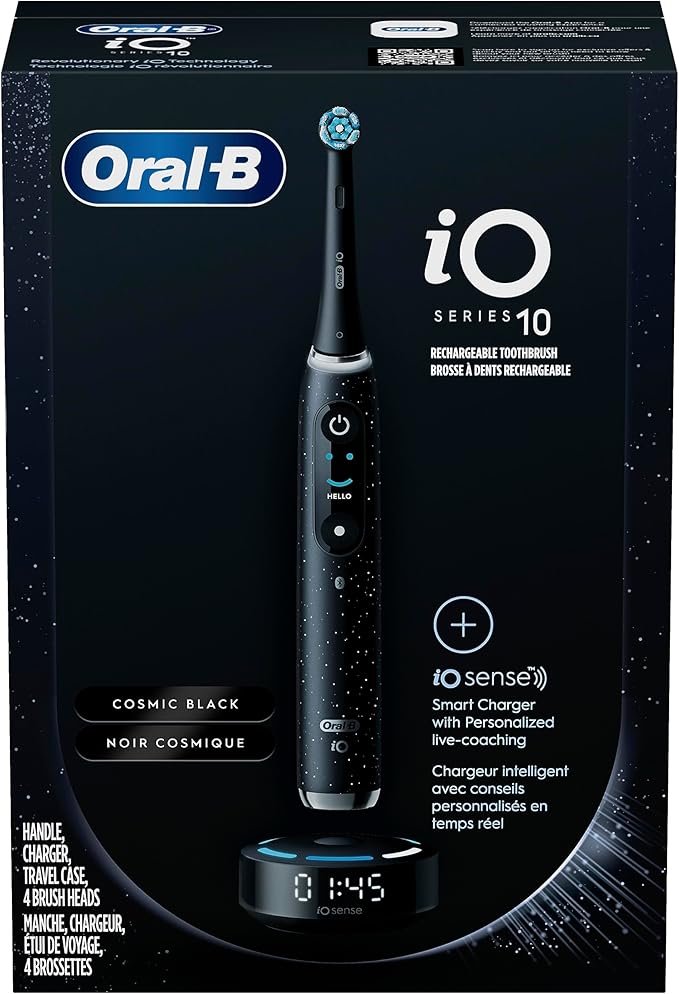 Oral-B iO Series 10 Rechargeable Electric Toothbrush with Visible Pressure Sensor to Protect Gums, 2 Min Timer, 7 Cleaning Settings, 4 Replacement Toothbrush Heads, and Charging Travel Case, Black