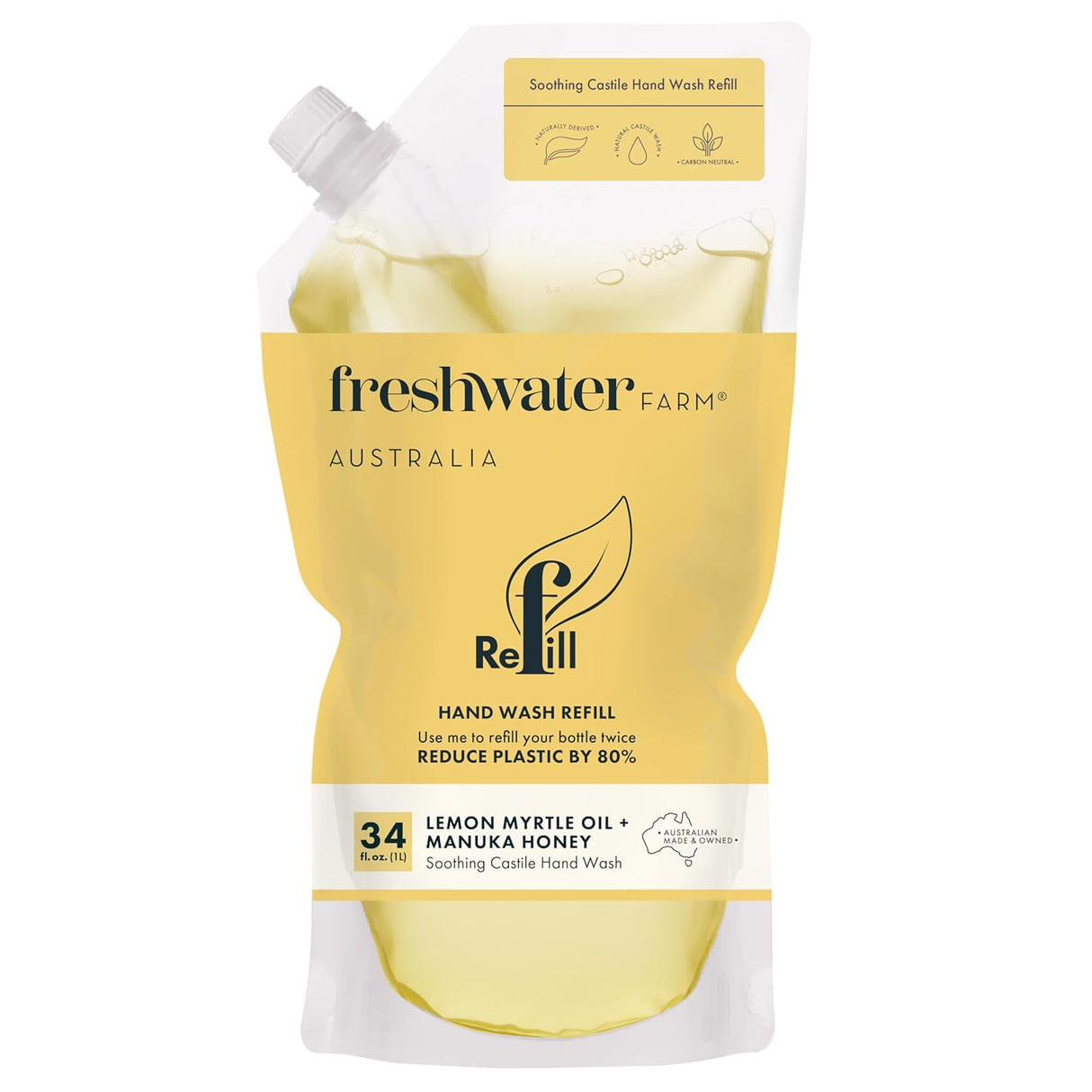 FRESHWATER FARM AUSTRALIA | Lemon Myrtle Oil and Manuka Honey Soothing Castile Hand Wash REFILL Pouch | 34 fl oz