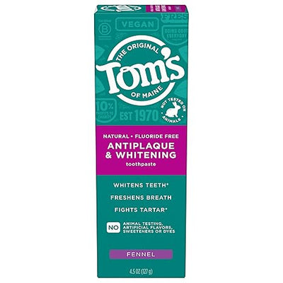 Tom’s of Maine Antiplaque and Whitening Toothpaste, Fluoride Free, Fennel, Single, 4.5 Oz