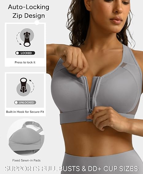 BRXL Women's Sports Bra With Front Closure - Grey - MD (NIB)