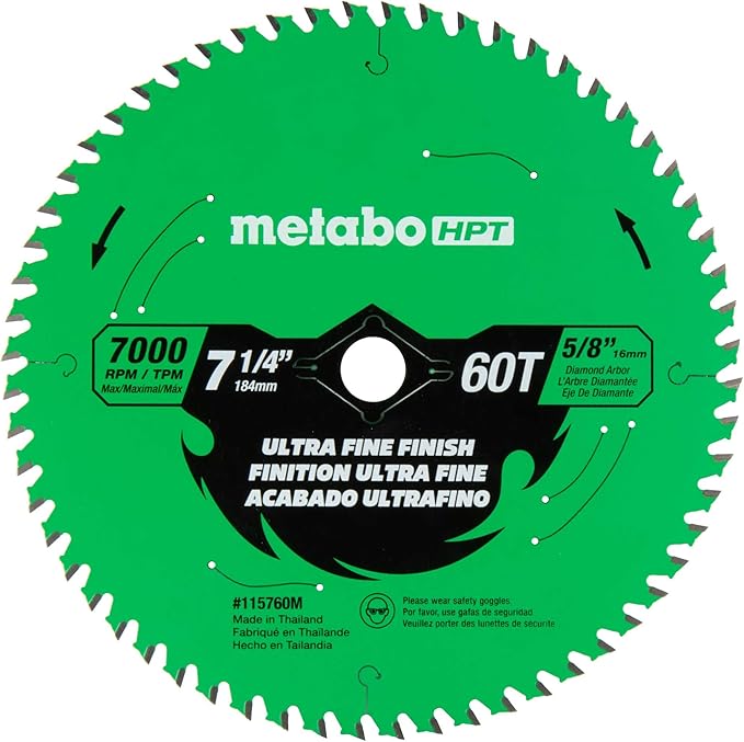 Metabo HPT Circular Saw Ultra Fine Finish Blade, 7-1/4-Inch, 60-Tooth, Industrial High Performance Tungsten Carbide, PTFE Coating, Laser-Cut Expansion Slots, 115760M