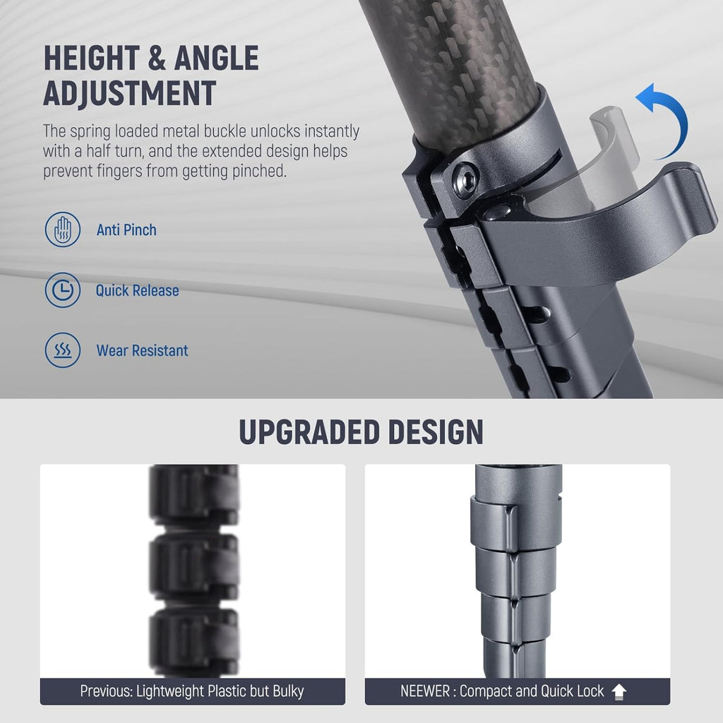 NEEWER LITETRIP LT34 62" Travel Tripod Carbon Fiber with Removable 360° Panorama Head, Center Axis, Fast Flip Buckle, Arca QR Plate Compatible with PD, Max Load 22lb/10kg