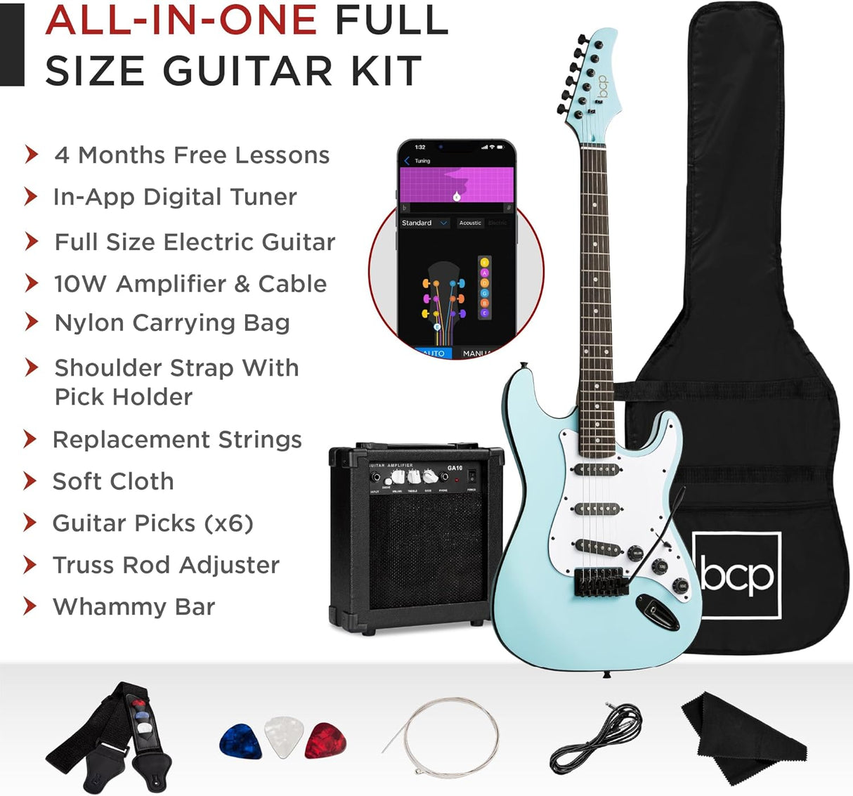Best Choice Products - Beginner Electric Guitar Kit w/ Case, 10W Amp, Tremolo Bar - 39in - Powder Blue