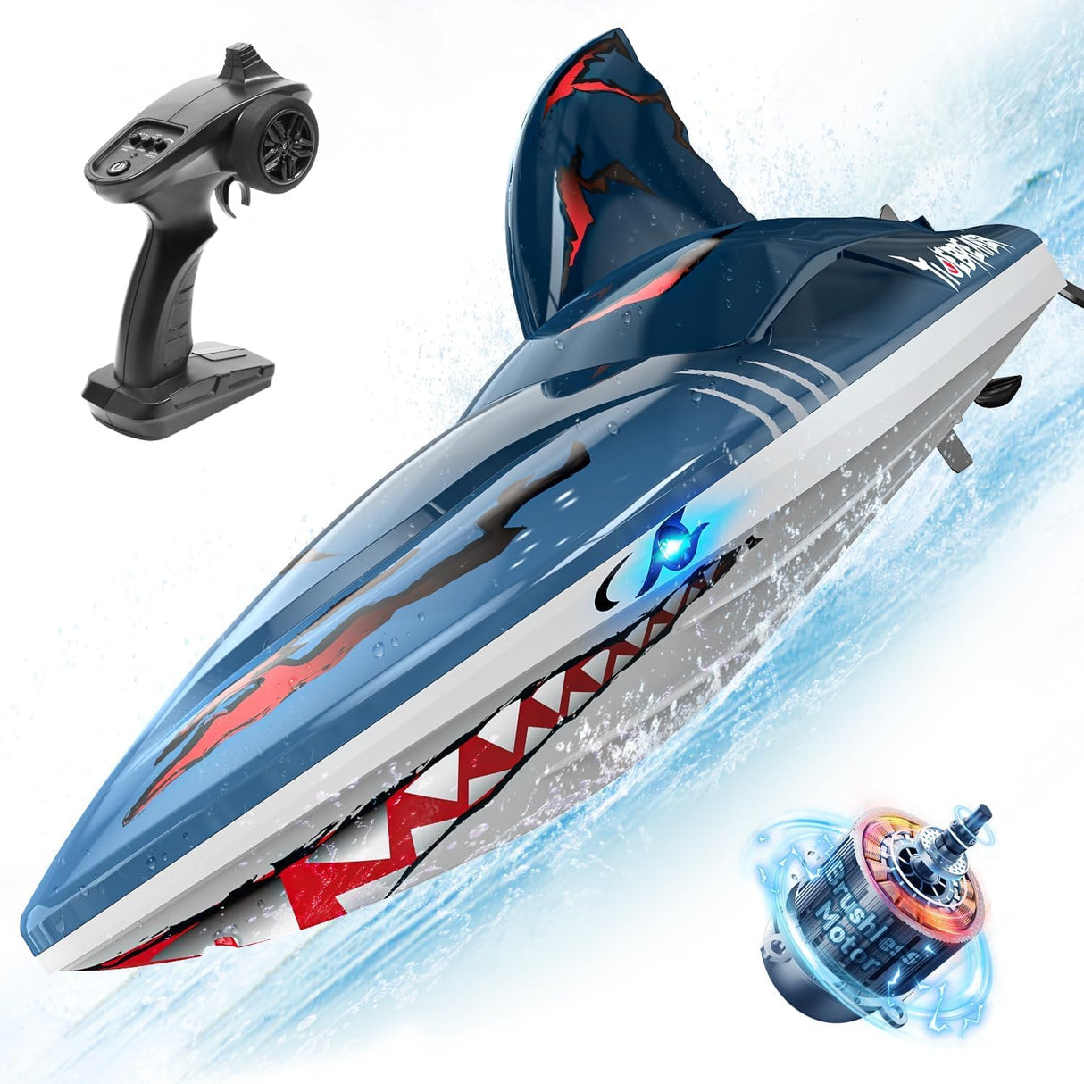 DEERC Fast Brushless RC Shark Boat for Adults, 30+MPH 3S High-Speed Remote-Control Boat, Self-righting 2.4Ghz Speed Boat (NEW,OPEN BOX)