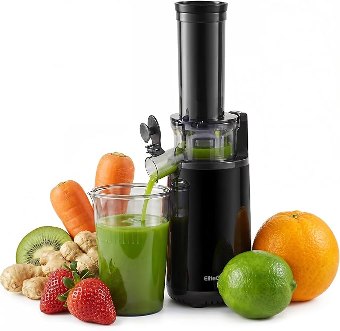 Elite Gourmet EJX600 Compact Small Space-Saving Masticating Slow Juicer Cold Press Juice Extractor, Nutrient and Vitamin Dense, BPA-Free Tritan, Easy to Clean, 16 oz Juice Cup, Charcoal Grey