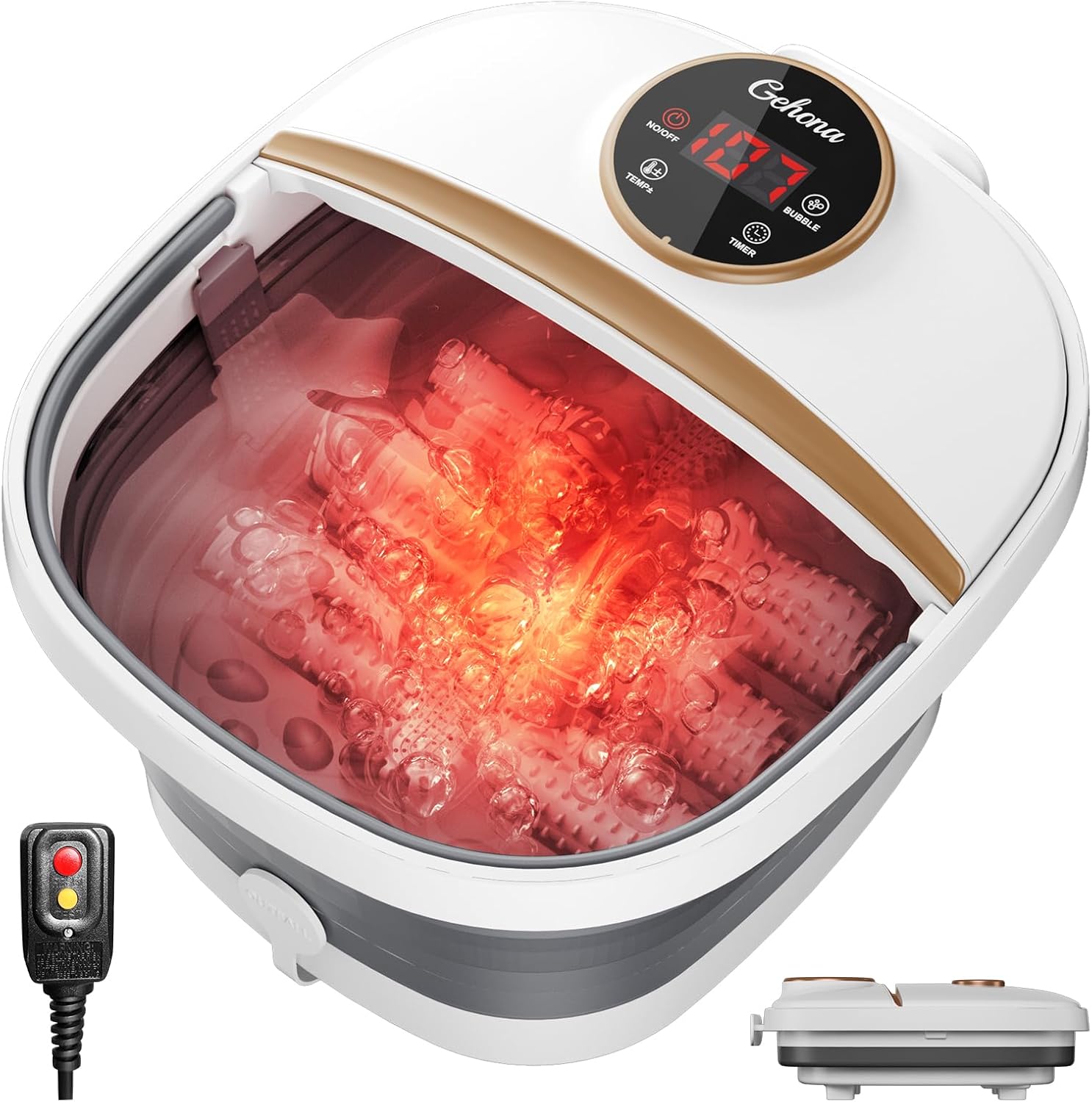 Gehona - Collapsible Foot Spa Bath with Heat, Foot Massager with Two Side Supports, Leakage Protector, Temperature Control, Bubbles!