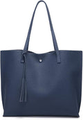 Dreubea Women's Soft Faux Leather Tote Shoulder Bag from, Big Capacity Tassel Handbag - Dark Blue