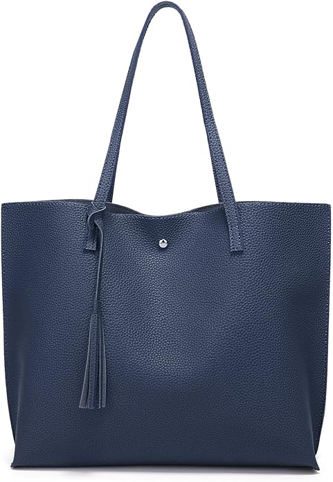 Dreubea Women's Soft Faux Leather Tote Shoulder Bag from, Big Capacity Tassel Handbag - Dark Blue