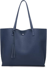 Dreubea Women's Soft Faux Leather Tote Shoulder Bag from, Big Capacity Tassel Handbag - Dark Blue
