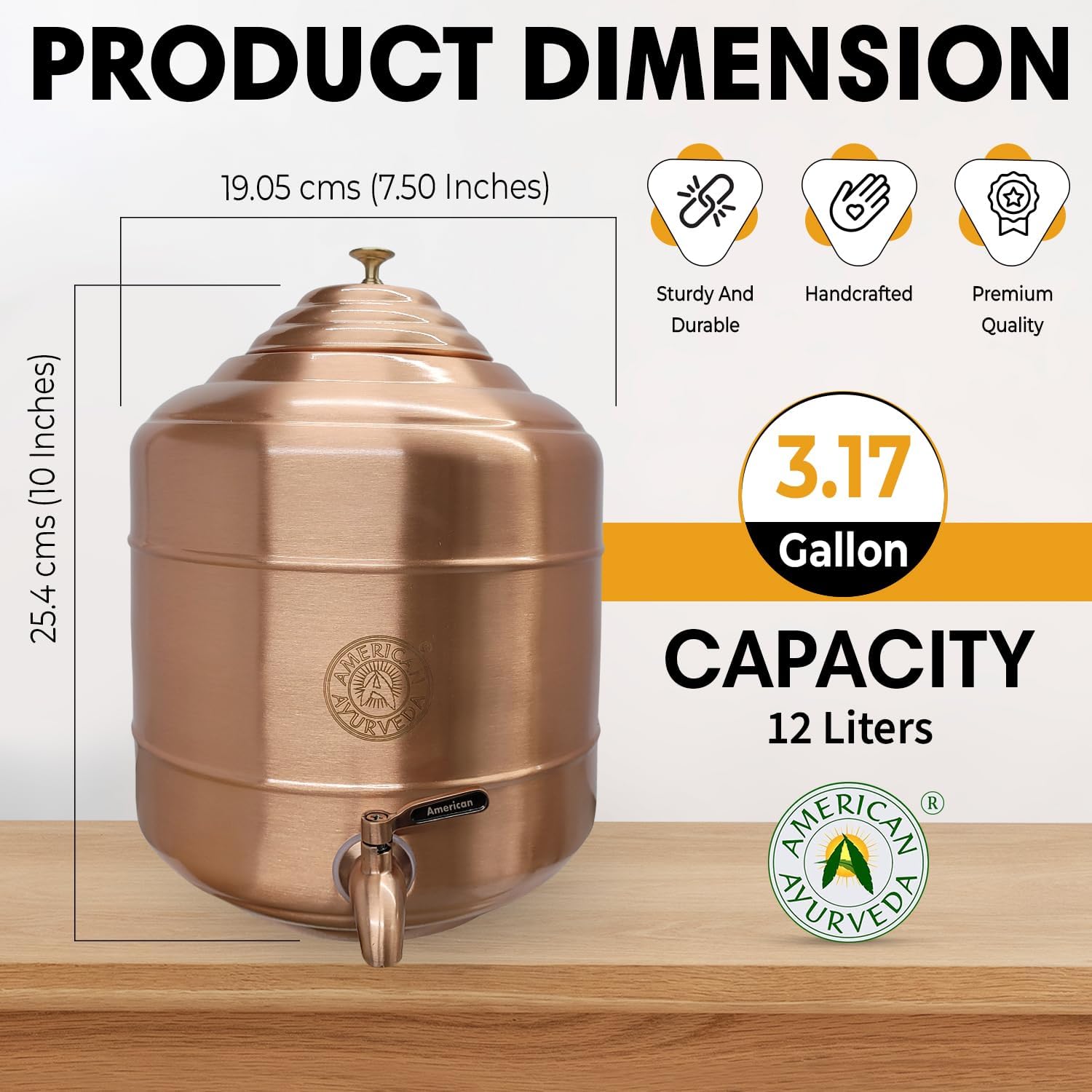A 100% Pure Copper wer Dispenser Storage Tank Pot, Stainless Steel Faucet spigot and Lid included, Healthy Organic Water Yoga Meditation 3.17 Gallon (12 Liters), 5G-3.17G-1.32G