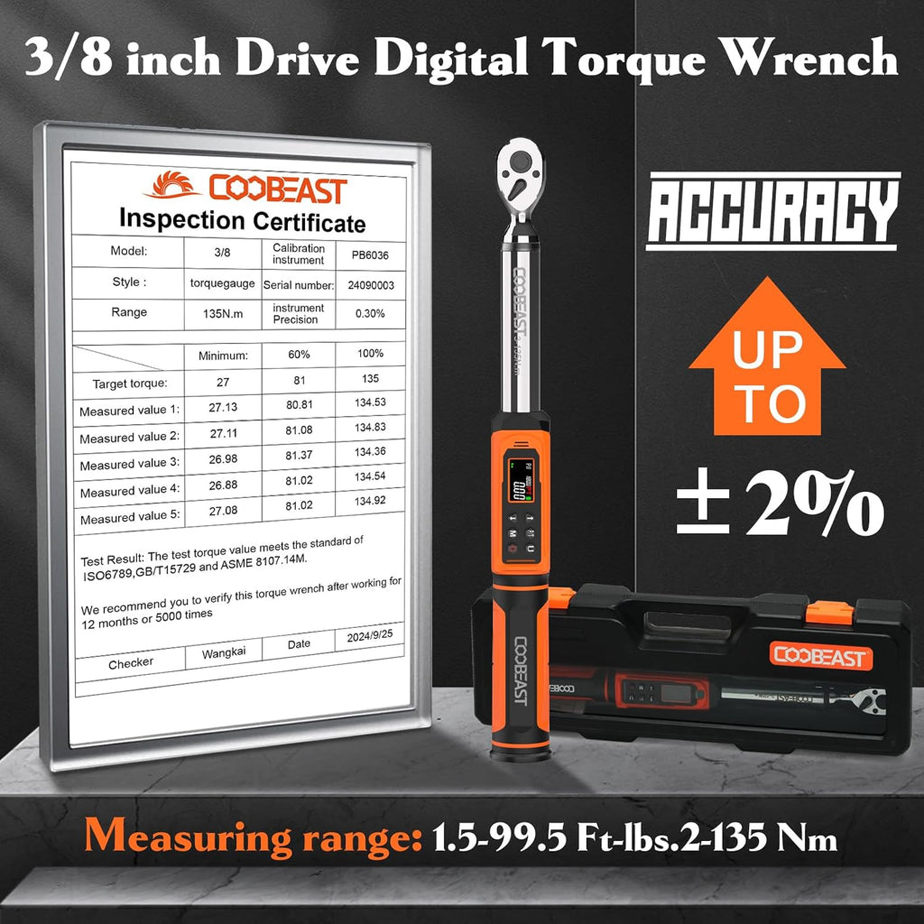 coobeast 3/8 Drive Digital Torque Wrench (1.5-99.5 Ft-lbs./2-135Nm)