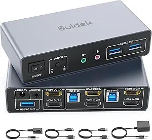 HDMI KVM Switch 2 Monitors 2 Computers, Dual Monitor KVM USB Switcher 4K@60Hz, HDMI Extended/Mirror Display for 2 PC Share 2 Monitors, with 3 USB 3.0 Port, Desktop Controller and 2 USB Cables