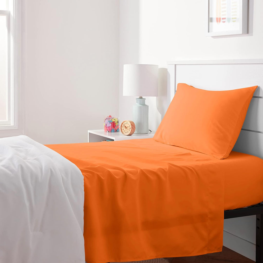 Amazon Basics Kid's Soft, Breathable, Easy-Wash Microfiber 3-Piece Sheet Set, Machine Washable, Twin, Bright Orange, Solid