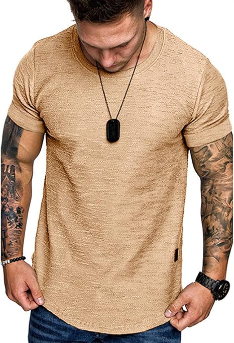 Uni Clau Men's Short Sleeve Cotton Athletic Workout T-shirt - 240/Khaki - Size XL