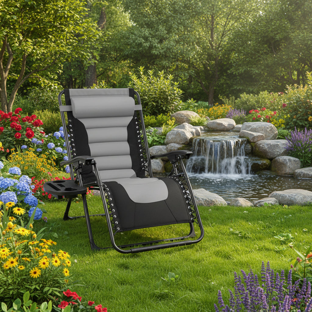 Best Choice Products - Oversized Padded Zero Gravity Chair, Folding Recliner w/ Headrest, Side Tray - Gray/Black