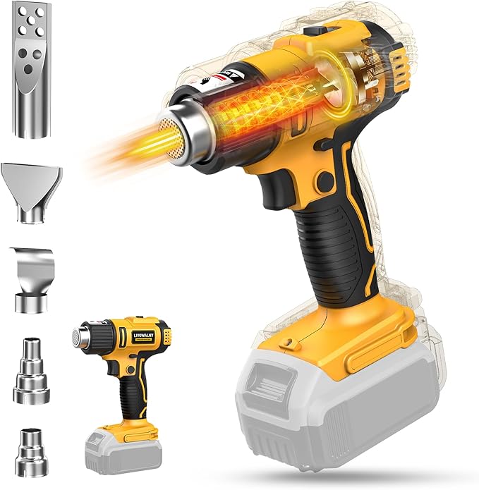 Cordless Heat Gun for Dewalt 20v Battery, LIVOWALNY 350W Fast Heating Soldering Hot Air Gun 122℉-1022℉ Variable Temperature Control with 5 Nozzles for DIY Crafts, Shrink Tubing (No Battery)