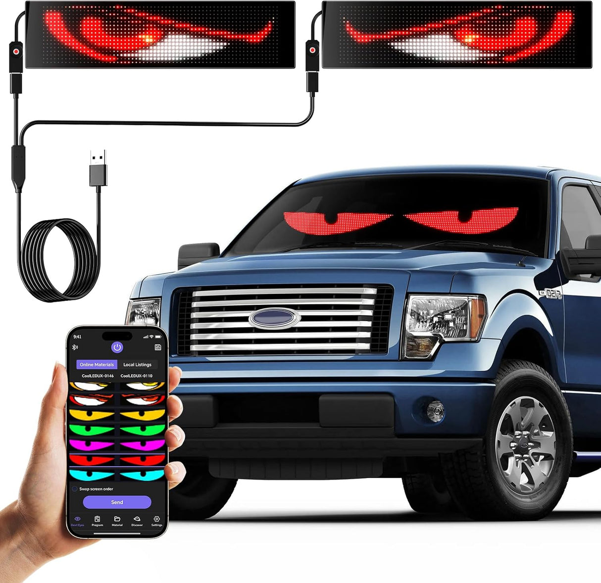 Devil Eyes Light for Cars, Flexible Scrolling Programmable LED Signs, LED Eyes for Truck Windshield ,Custom Editor Colors, Animations, Text (19"x 5"/2Pcs)