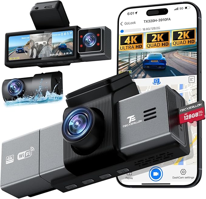 Dash Cam, 4K 3 Channel Dash Camera for Cars with App Control, 170°/150°/140° Wide Angle, ADAS Assist, No-Light Night Vision, GPS, G-Sensor, WDR, 24H Parking Monitor, 128GB SD Card Included
