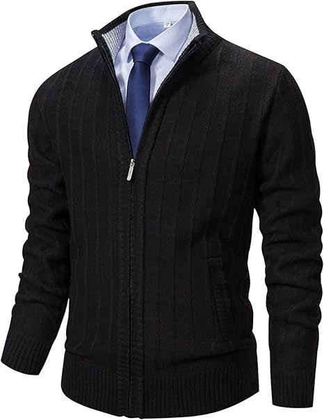 Neecan Men's Cardigan Sweaters Full Zip Up Stand Collar Slim Fit Casual Knitted Sweater with 2 Front Pockets-XL