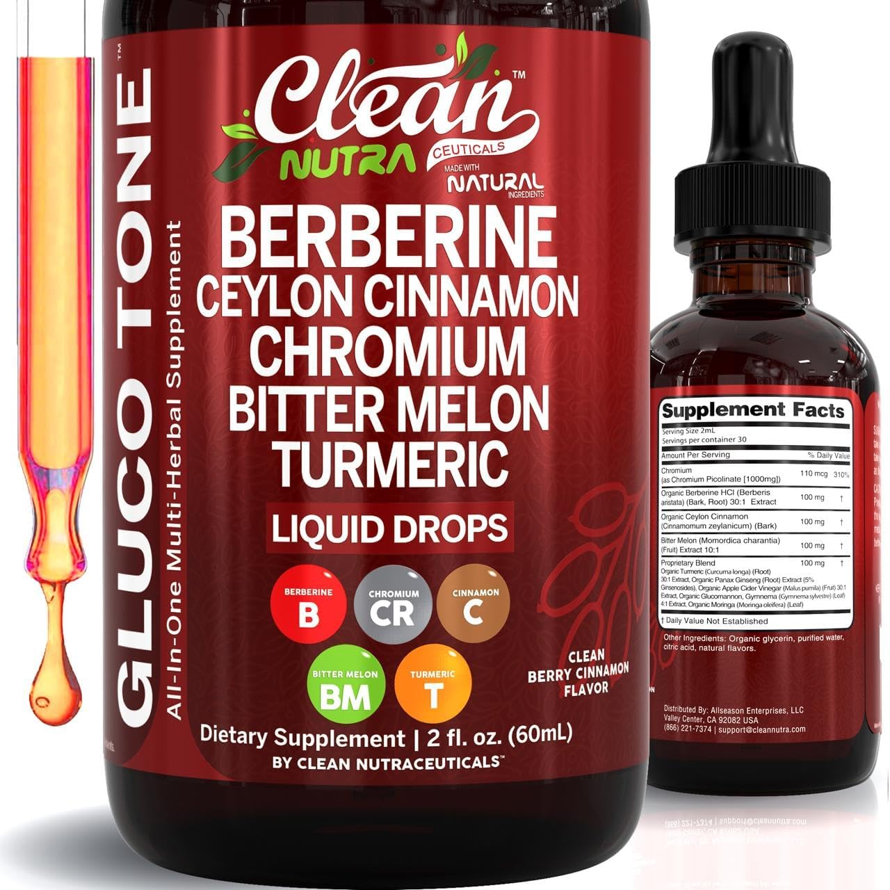 Clean Nutra Berberine with Ceylon Cinnamon Supplement Liquid Drops - 2 oz.