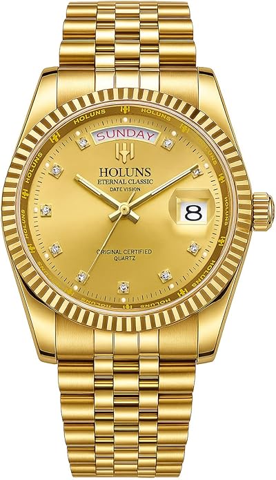 LOREO Mens Quartz Gold Watch Diamond Dial Stainless Steel Bracelet Sapphire Glass Dress Classic Date Waterproof Watches