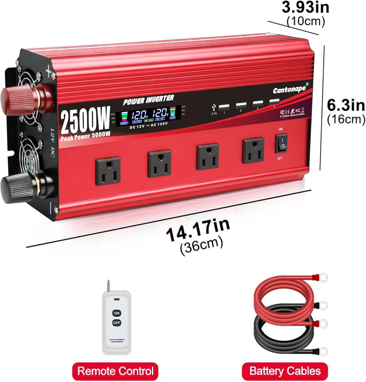 2500W Power Inverter 12V to 110V DC to AC with LCD Display, Remote Controller 4 x AC Outlets and 4 x 3.1A USB Car Adapter for Car Truck Boat RV Solar System   NEW