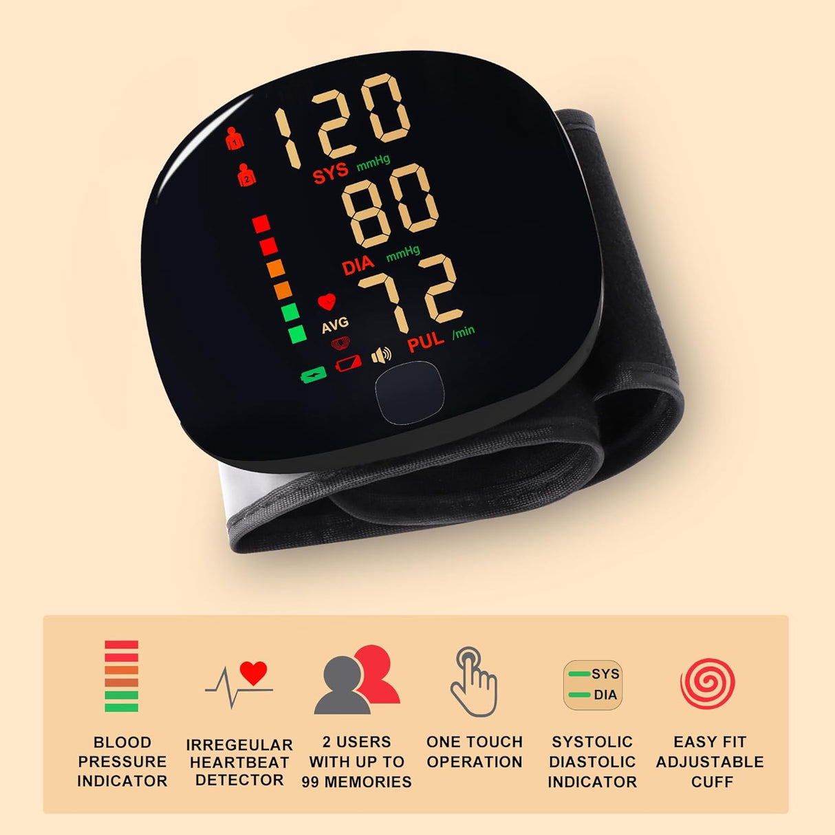 Rechargeable Wrist Blood Pressure Monitor with Voice Broadcast, (OPEN BOX)