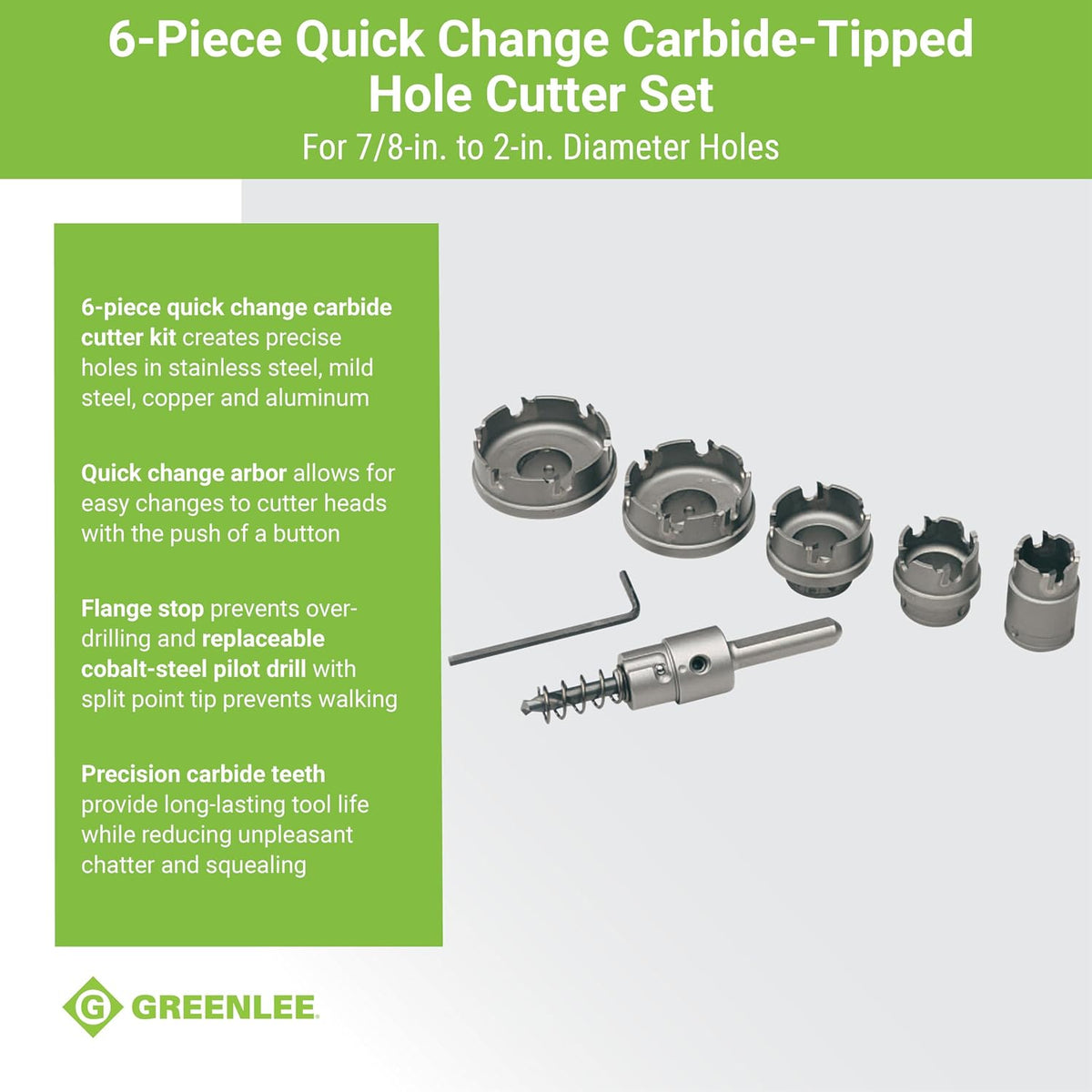 *Greenlee 660 6-Piece Quick Change Carbide-Tipped Unfinished Hole Cutter Set, 7/8" - 2"