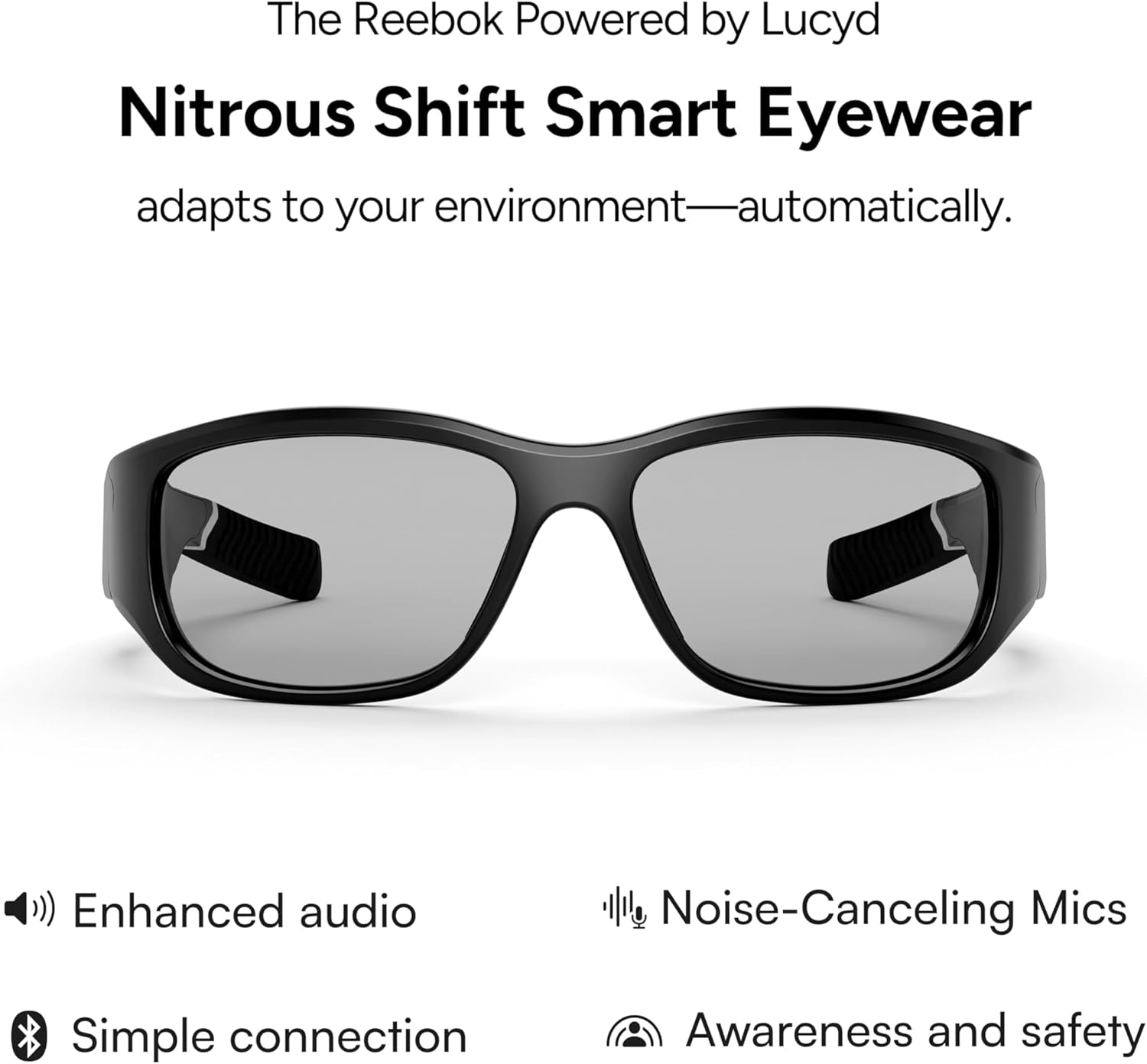 Reebok Nitrous Shift Smart Eyewear Powered by Lucyd - Photochromic Adaptive Lens - HiFi Bluetooth Sport Glasses