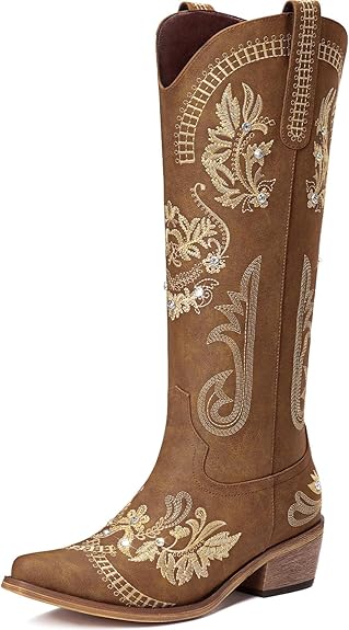 Cowboy Boots for Women - Wide Calf Knee High Cowgirl Boots, Glitter Sparkly Rhinestone Western Country Boots with Classic Embroidery Size 12