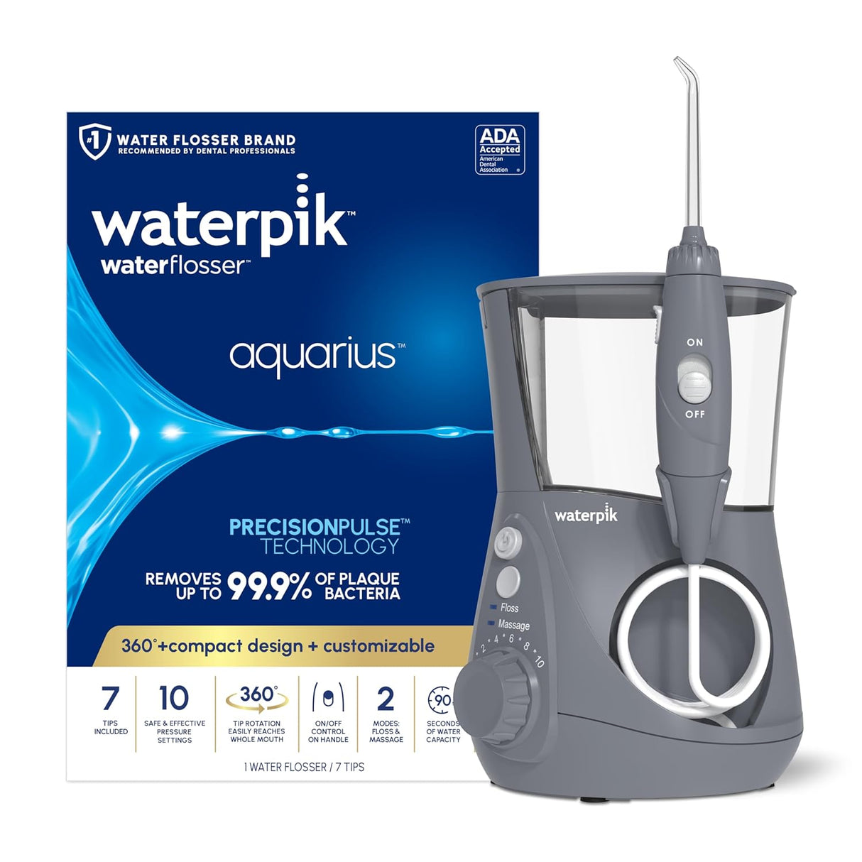 Waterpik Aquarius Water Flosser Professional For Teeth, Gums, Braces, Dental Care, Electric Power With 10 Settings, 7 Tips For Multiple Users And Needs, ADA Accepted, Gray WP-667, Packaging May Vary (NEW, OPEN BOX)